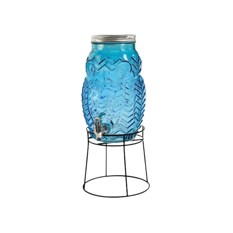 5L Hand Blown Glass Beverage Dispenser Owl Shaped Cold Brew Kettle with Faucet for Sparkling Wine Juice and Water High