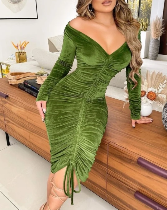 Elegant Dresses for Women 2023 Autumn Long Sleeve Tight V-Neck Waistband Golden Velvet Long Sleeve Sexy Party Night Out Dress