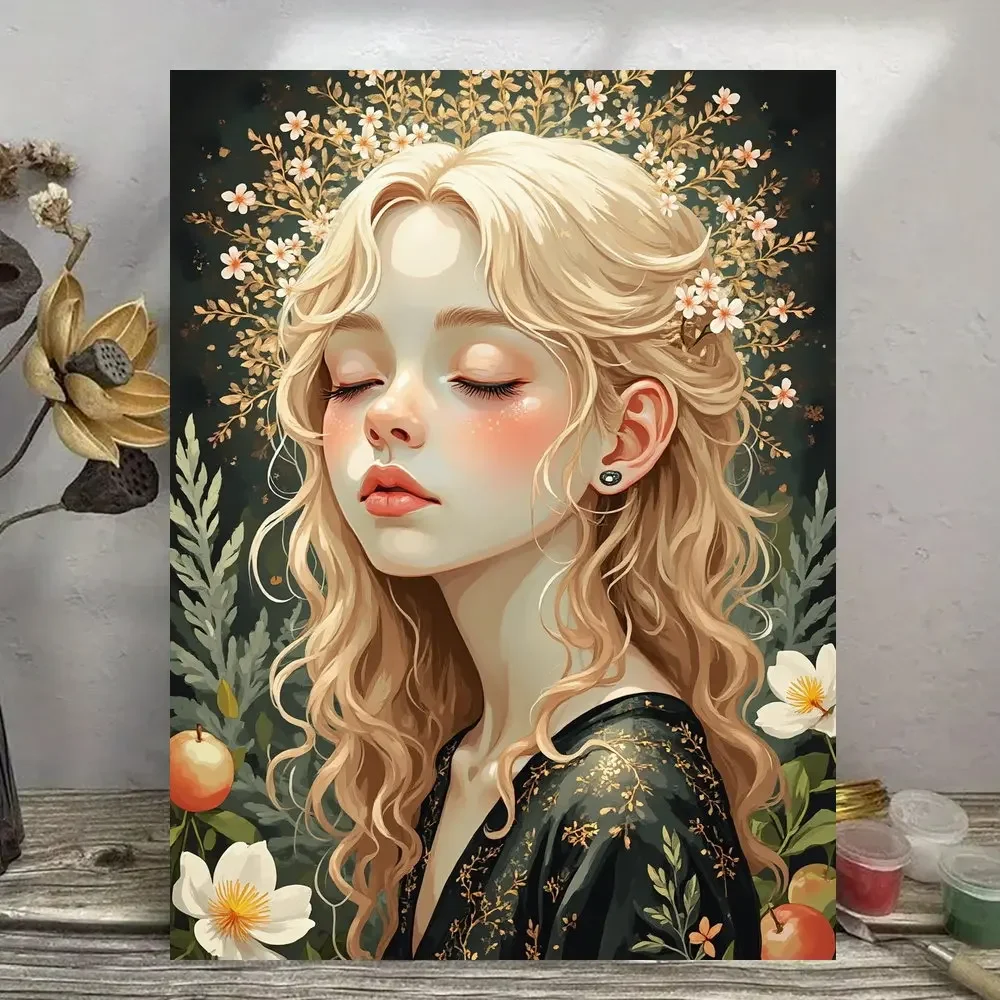 Frameless One Paint by Number Kit, Suitable for Beginners And Adults, Featuring a Maiden Adorned with Blossoms in Moonlit Colors