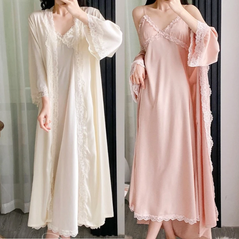 

2 Pcs Lace Bathrobe Sets Womens Silky Satin Nighty Robe Gown Cami Nightgown Kimono Summer Intimate Sleep Dress Sleepwear