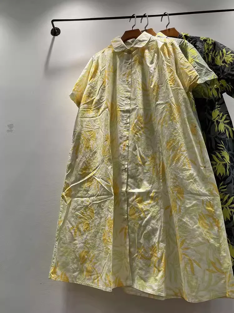 Tropical Rainforest Style 100% Cotton Yellow Green Leaves Print Long Shirt Dress for Women Summer Beach Vocation Dress