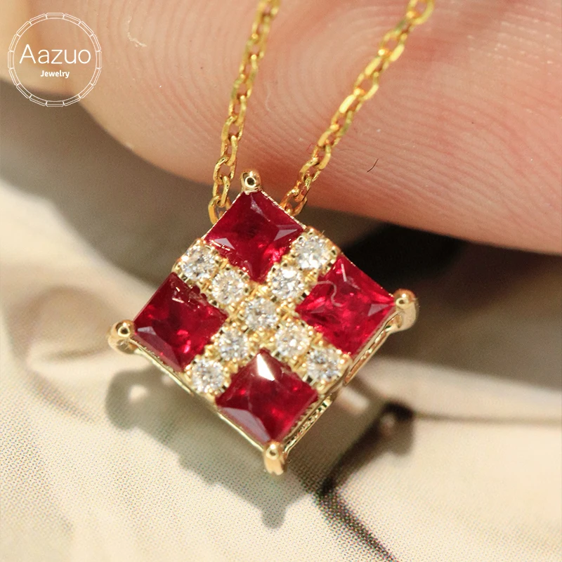 

Aazuo Fine Jewelry 18K Solid Yellow Gold Real Natrual Ruby Luxury Jewelry Set Square Cross Necklace Gift For Women Wedding Party