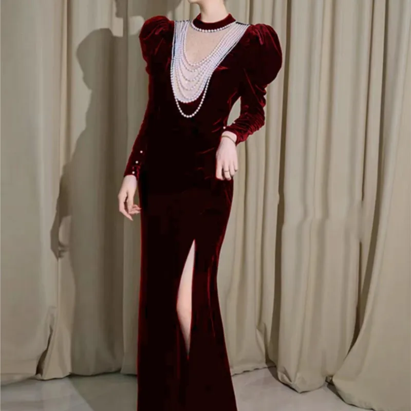 |High Quality Toasting New Velvet Fishtail Long Sleeve Host Dress·