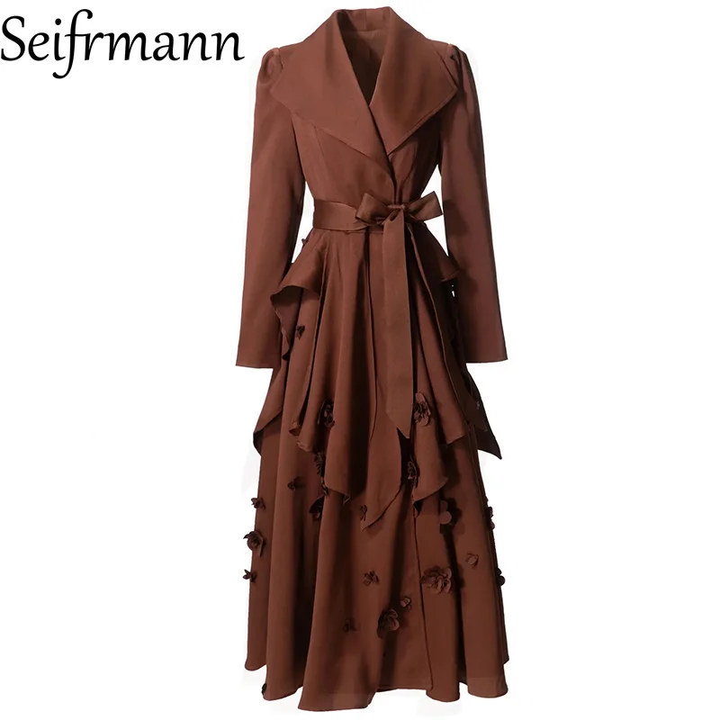 Seifrmann 2026 Summer Women's New Fashionable lapel Long Sleeve Three Dimensional Flower Belt Waist cinching Coat