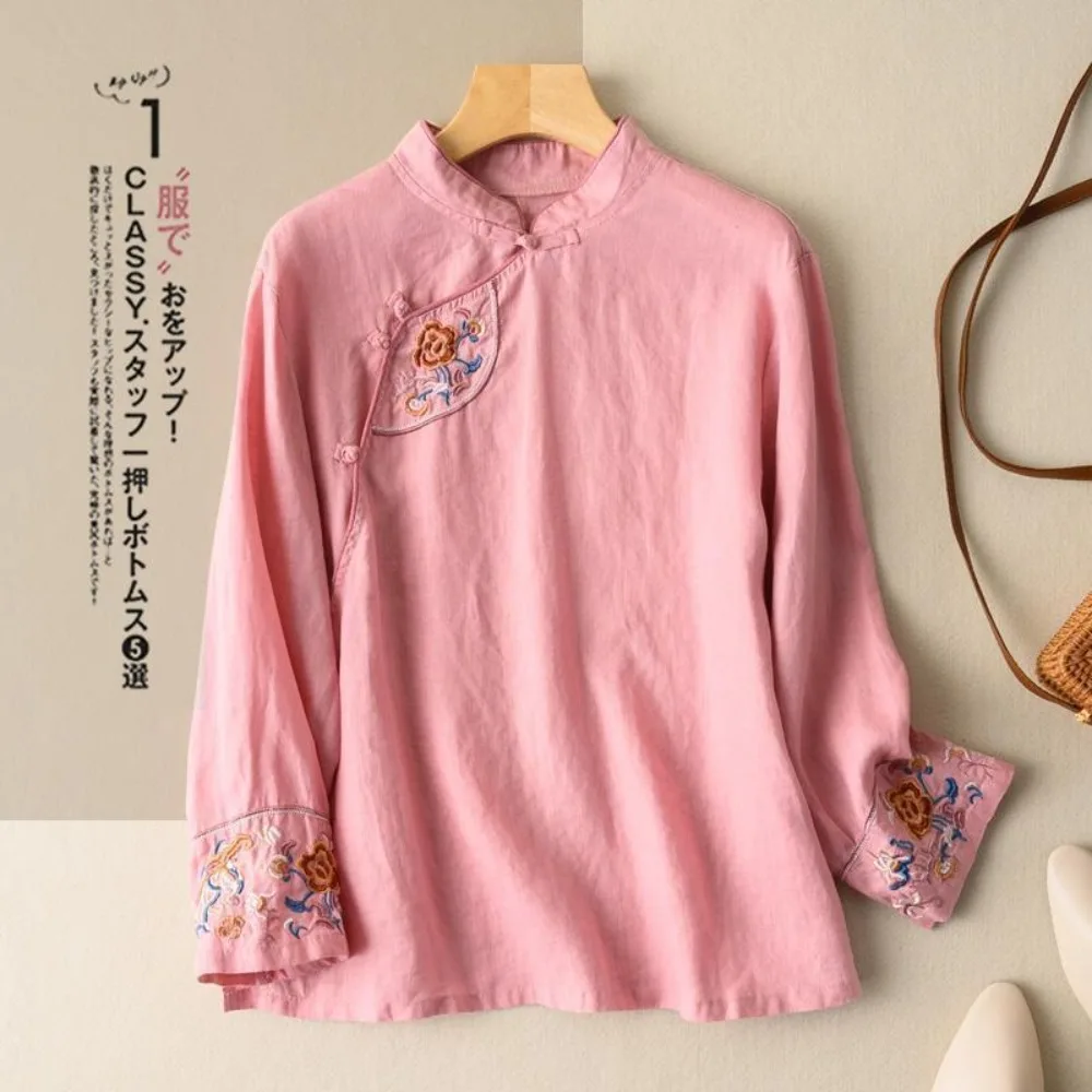 

Винтажная вышитая хлопково-льняная блузка в китайском стиле Тан, свободная блуза для чаепития, элегантная новинка, рубашка с длинным рукавом