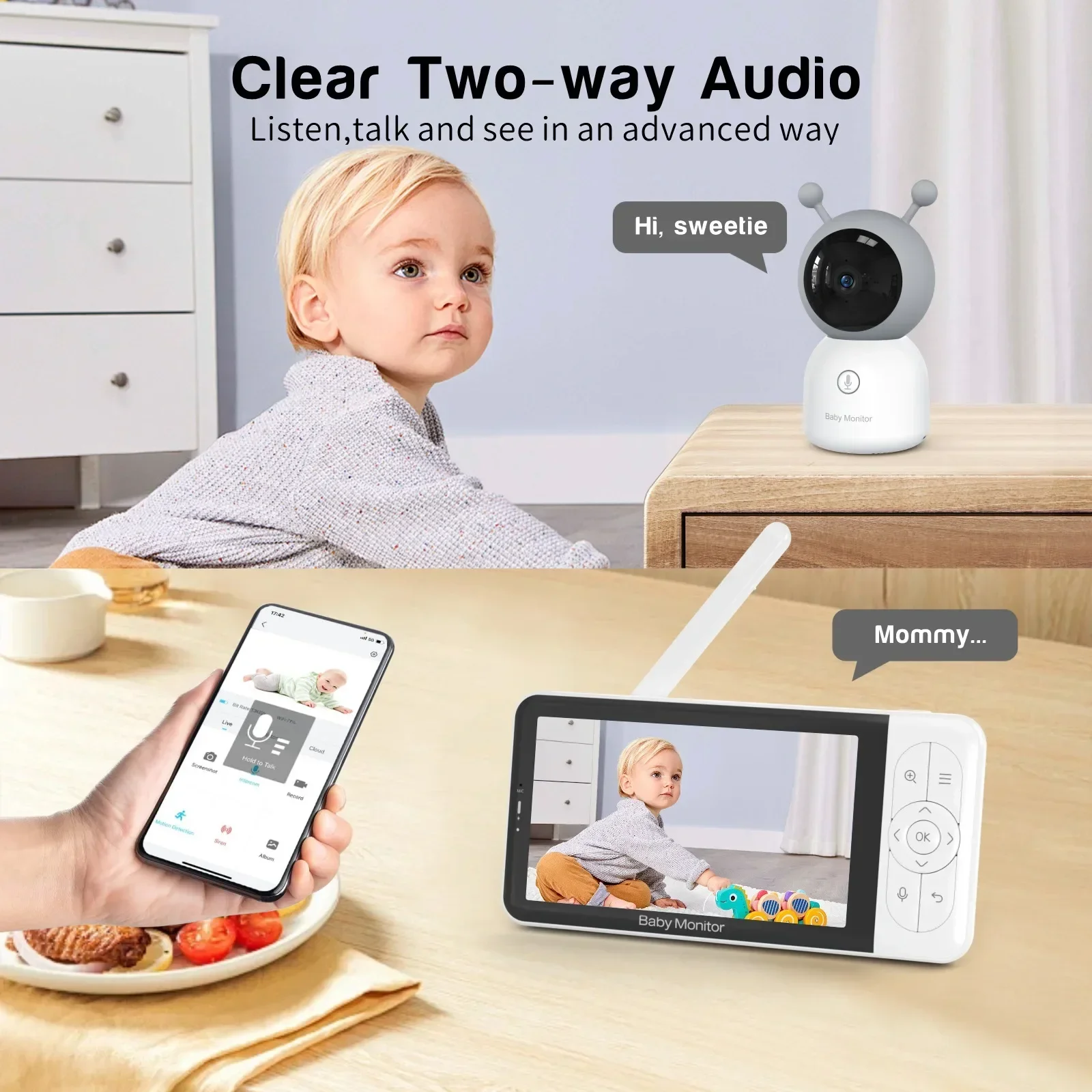 B6ts Baby Monitor HD 1080P 5Inch 2KP WIFI Dual Mode Baby Automatic Night Vision Monitor App and Monitor Control Baby Care Device