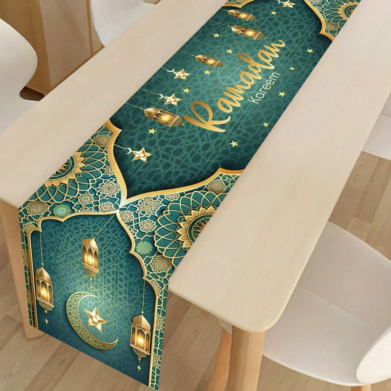 1-teiliger Ramadan-Tischläufer, Lapislazuli-Farben-Stern- und Mondlaternen-Tischdekorationstuch, Party-Tischläufer im islamischen Stil, lange Tischdecke, Dekorationszubehör