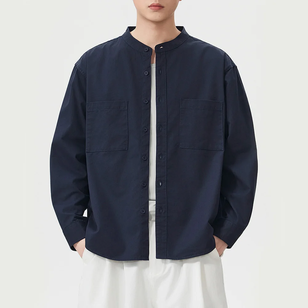 Men's Stand Collar Business Casual Simple Vintage Long Sleeve Commute Shirt Man Streetwear Fashion Loose Oversize Shirts