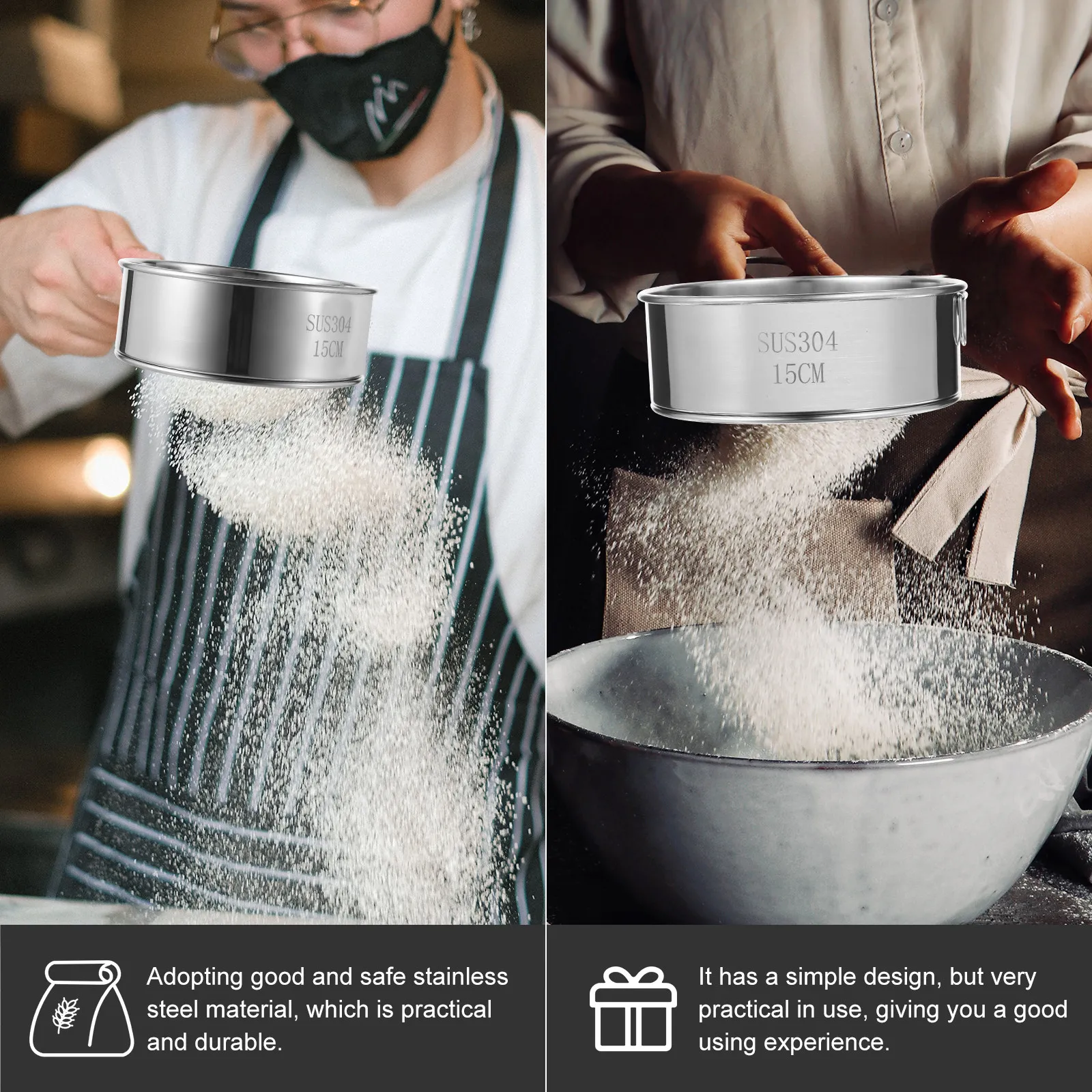 Stainless Steel Flour Sieve Fine Mesh Baking Sifter Powder Straining Tool for Flour Almond Powder Sifter for Baking