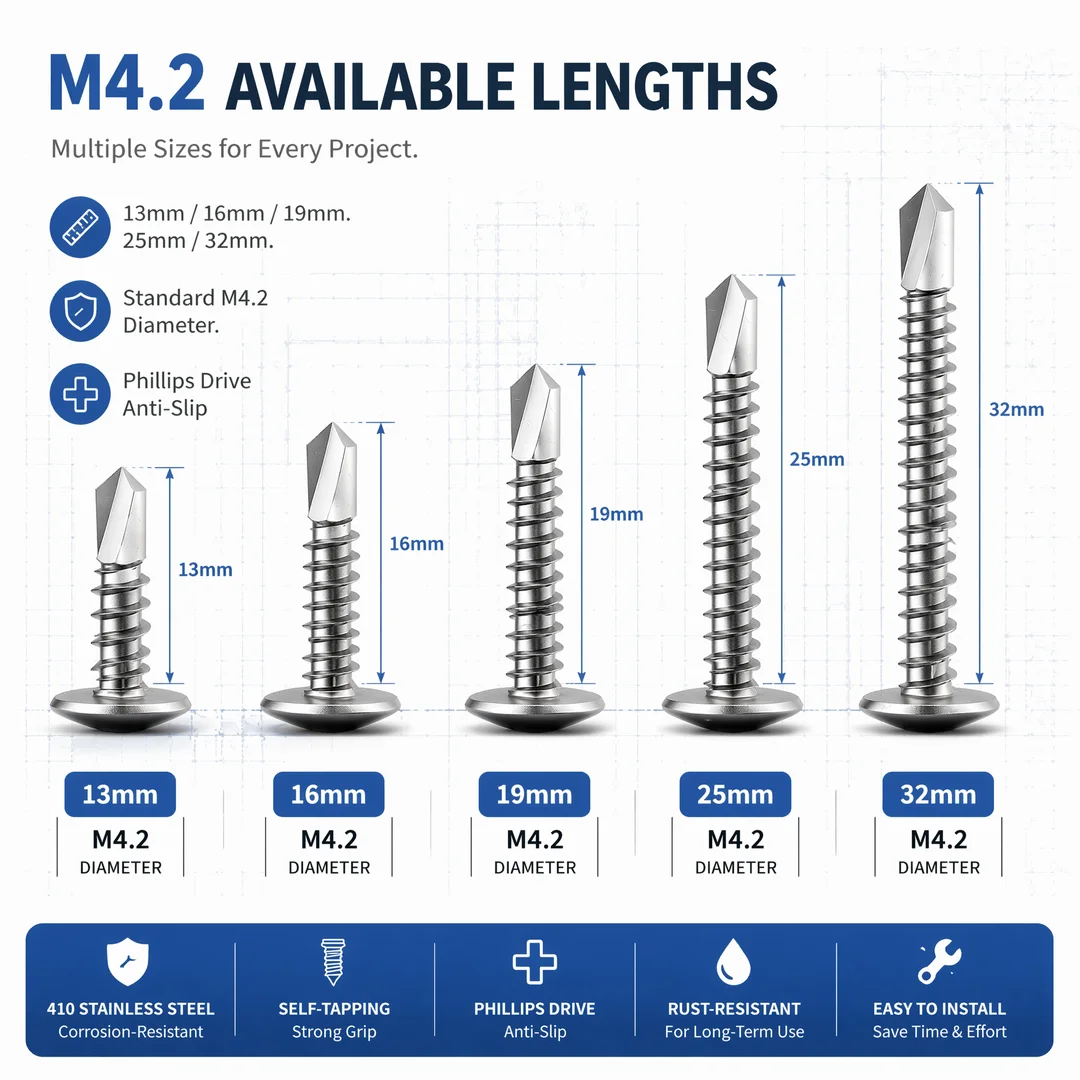 50pcs M4.2 Stainless Steel Self-tapping Screw Large Round Flat Head Self Drilling Screw Fastener for Wood Sheet Metal Repair