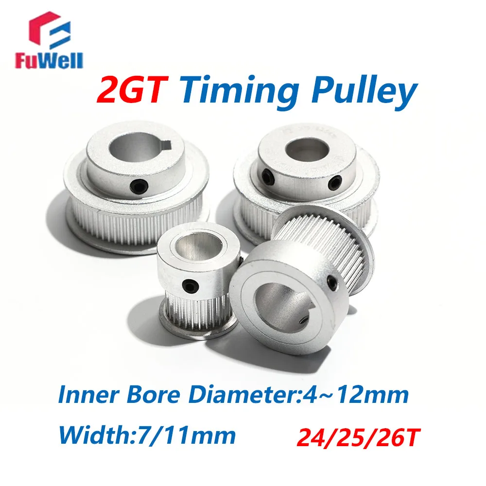 FuWell  24/25/26Teeth Belt Width 7/11mm 2GT Timing Belt Pulley Set Tensioning Wheel Bore 4~10mm Reduction GT2 Synchronous Pulley