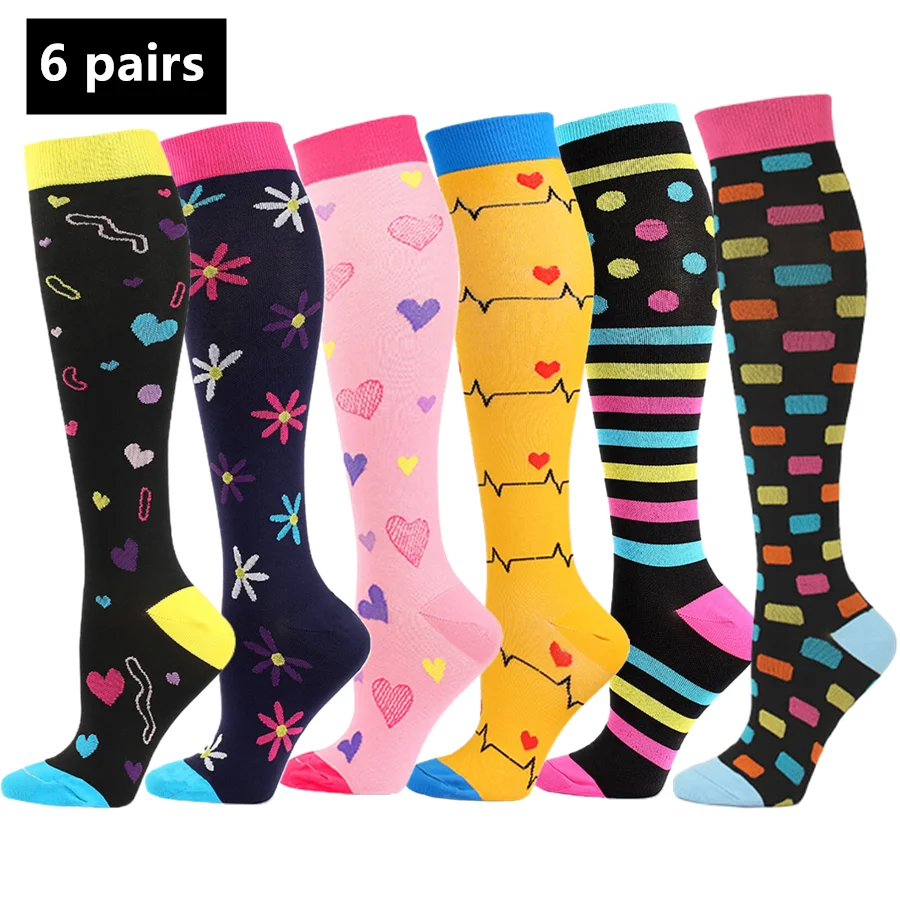 6pairs Muscle Relief Printed Compression Socks Sport Support Stockings For Men Women Hiking Cycling Tennis Training