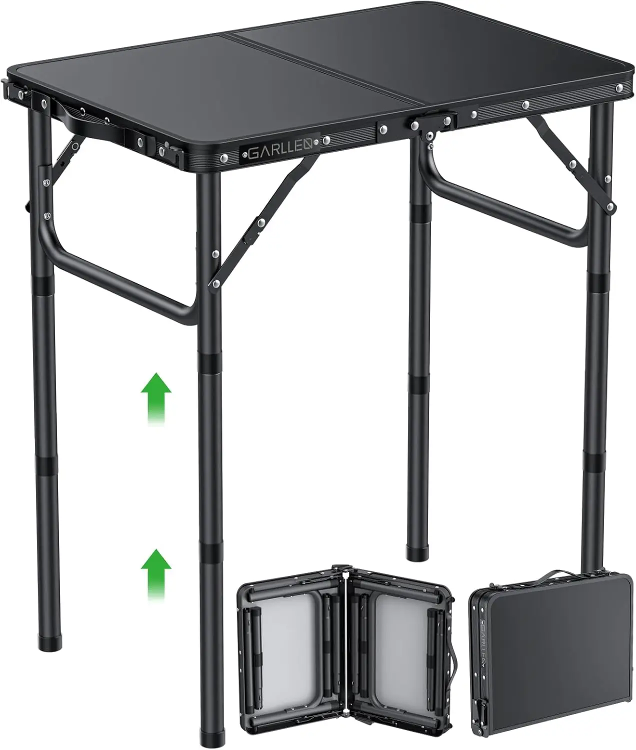 

2ft Folding Camping Table, 3 Height Adjustable, Portable Aluminum (22.8"x15.7"), for Outdoor, Camping, BBQ, Black