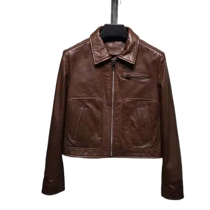 Genuine Leather Jacket Turn-Down Collar New Fashion Women Coat Spring Retro Craft Style Long Sleeve Brown Pocket Decoration