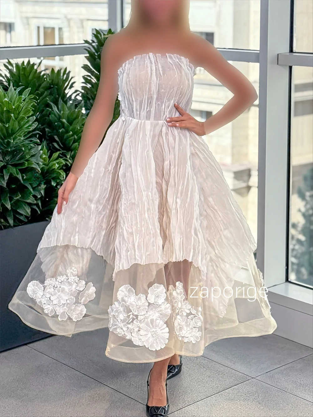 Customized Matching Pleat Pattern Flower A-line Strapless Midi Evening Dresses Luxury 2025 Exquisite High Quality