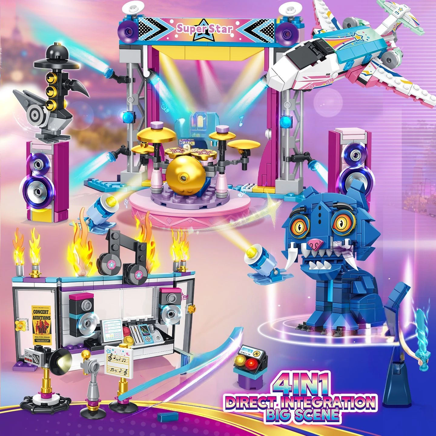 

4in1 K-pop Demon Hunters Building Blocks Tiger Rumi Mira Zoey Action Figure Brick Collection Model with 3 Doll Toy For Kids Gift