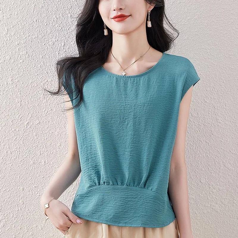Women Summer Round Neck Sleeveless Blouse Faux Silk Texture Gathered Waist Casual Short Tops
