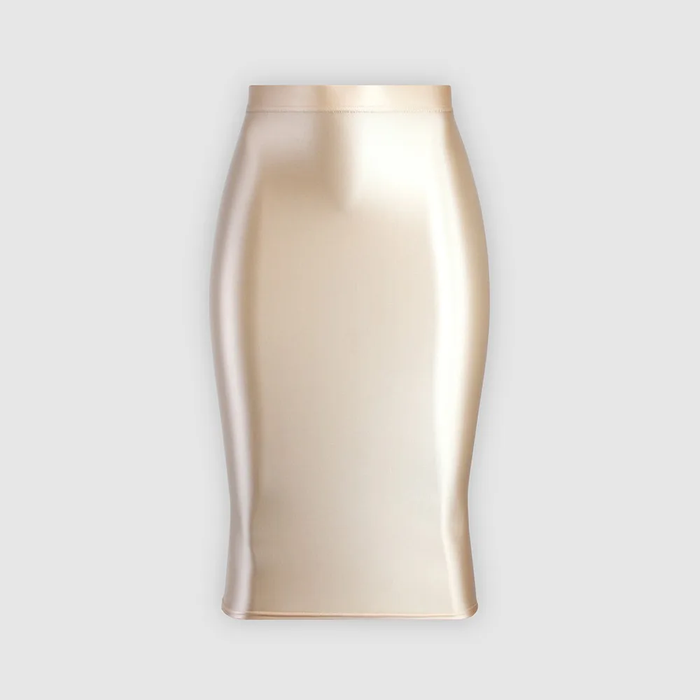 Glinsterende, meerkleurige, glanzende, sexy, figuurvormende, elastische, zijdezachte, afslankende knielange rok