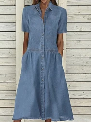 Summer Short Sleeve Shirt Dress Women Button Patchwork Blue Denim Loose Midi Dress Pockets Casual Pocket Long Dresses 2024
