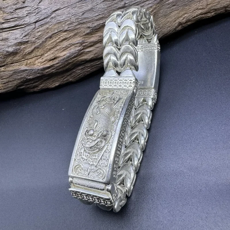 VintageAntiqued Silver Tone Dragon Carved Chunky Link Bracelet, Retro Engraved Wide Band Statement Wrist Jewelry
