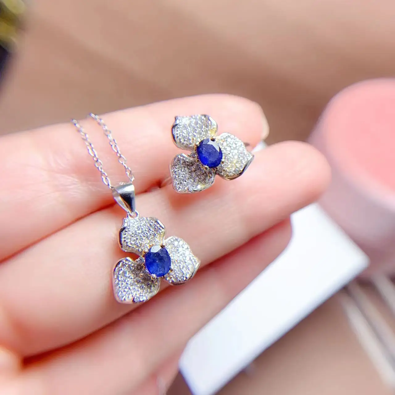 gold plating 925 silver sapphire ring and pendant jewelry set for daily wear total 1ct natural blue sapphire jewelry set