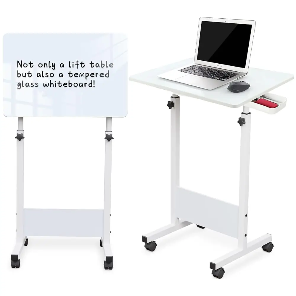 

Adjustable Height Standing Desk, Writable Tempered Glass Desktop With Eraser, 360° Flip, Wheels – I For Small Spaces And Home