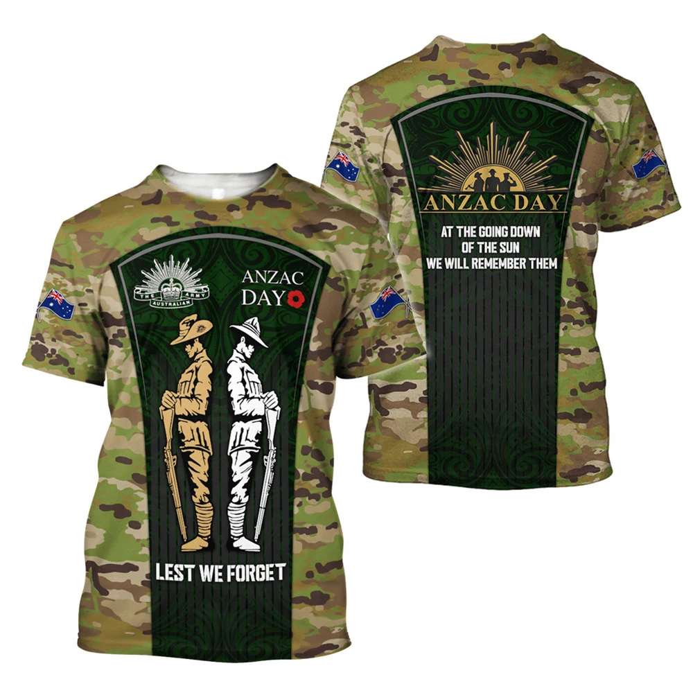 HX Lest We Forget Anzac Day T-shirt 3D Graphic Camo Splice Pockets Tops Pullovers Fashion Men T-shirts Men Clothing