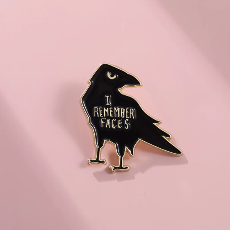 Creative Black Raven Enamel Brooch Cartoon Letters I Remember Faces Animal Metal Badge Punk Lapel Pins Jewelry Gifts