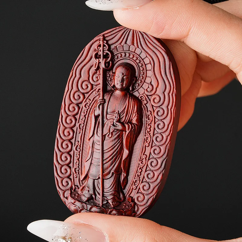 Natural Red Sandalwood Ksitigarbha Bodhisattva Pendant Chinese Traditional Style Lucky Blessing Amulet Hand Carved Wooden Neckla