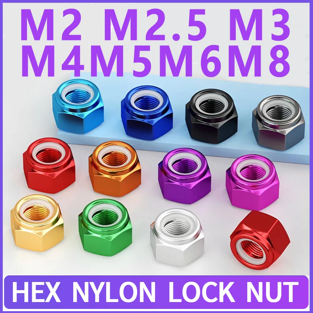 M2 M2.5 M3 M4 M5 M6 M8 Aluminum Hex Nylon Lock Nut Anodized Multi-color Colourful Aluminum Alloy Insert Locking Nuts 2/6/8/10Pcs