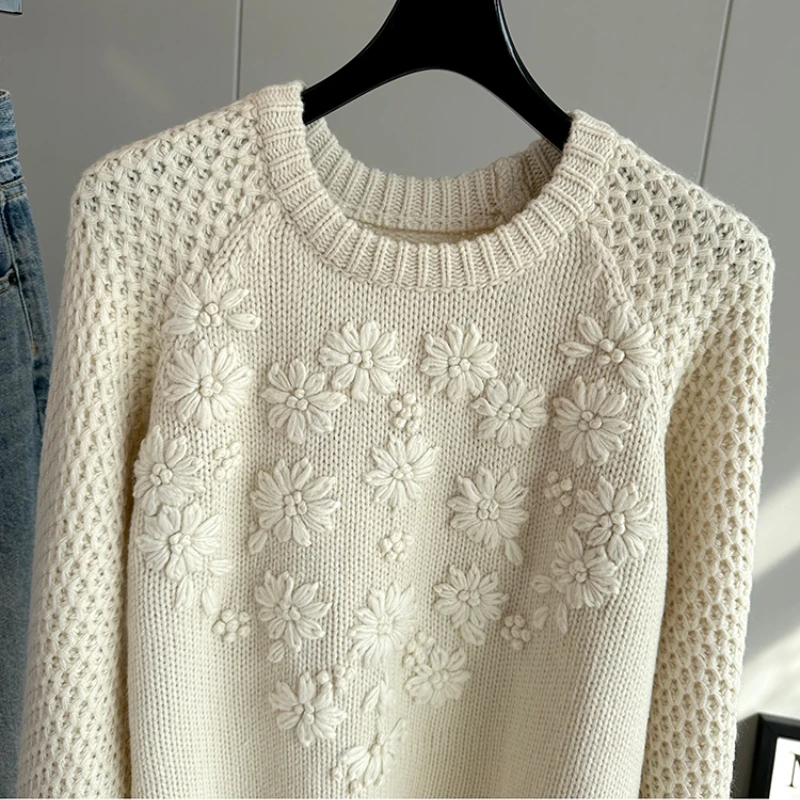 Vintage Embroidery Crew-neck Sweater 2023 Winter Women Clothes Pullover Knitted Top Classic