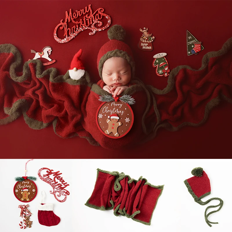 Christmas Knit Color-Block Swaddle + Baby Pom-pom Hat Newborn Photography Props Christmas Scene Decorations 0-1M Infants Costume