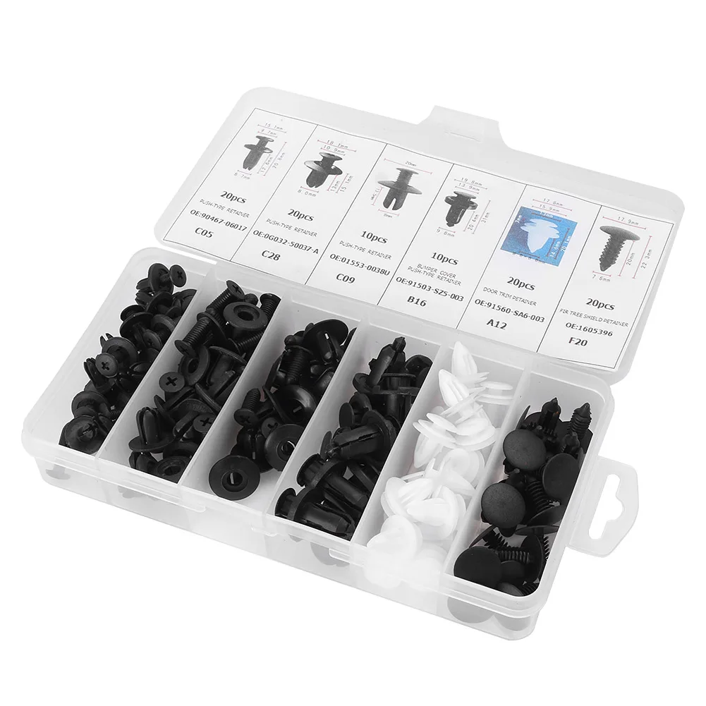 100Pcs 6 Sizes Car Body Bumper Retainer Fastener Clip Assortment Kit Universal for Toyota Honda Ford etc Black