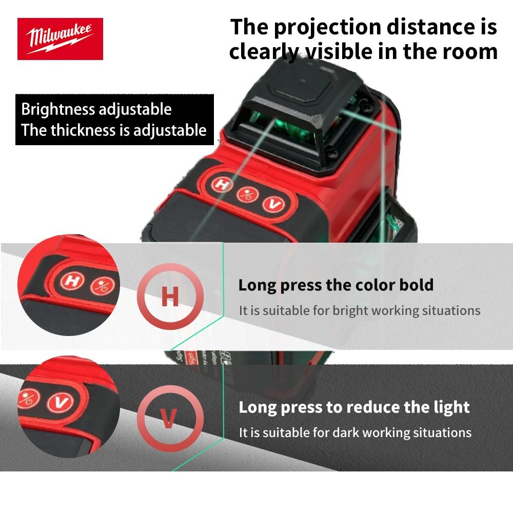 Milwaukee nível laser original verde 16 linhas 4d autonivelante 360 horizontal e vertical feixe de nível laser super poderoso