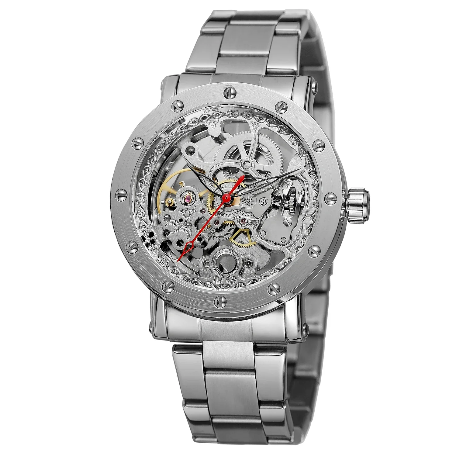 FORSINING Men's Watch Simple casual hollow nail scale mechanical watch Circular steel strap Watch Silver watch