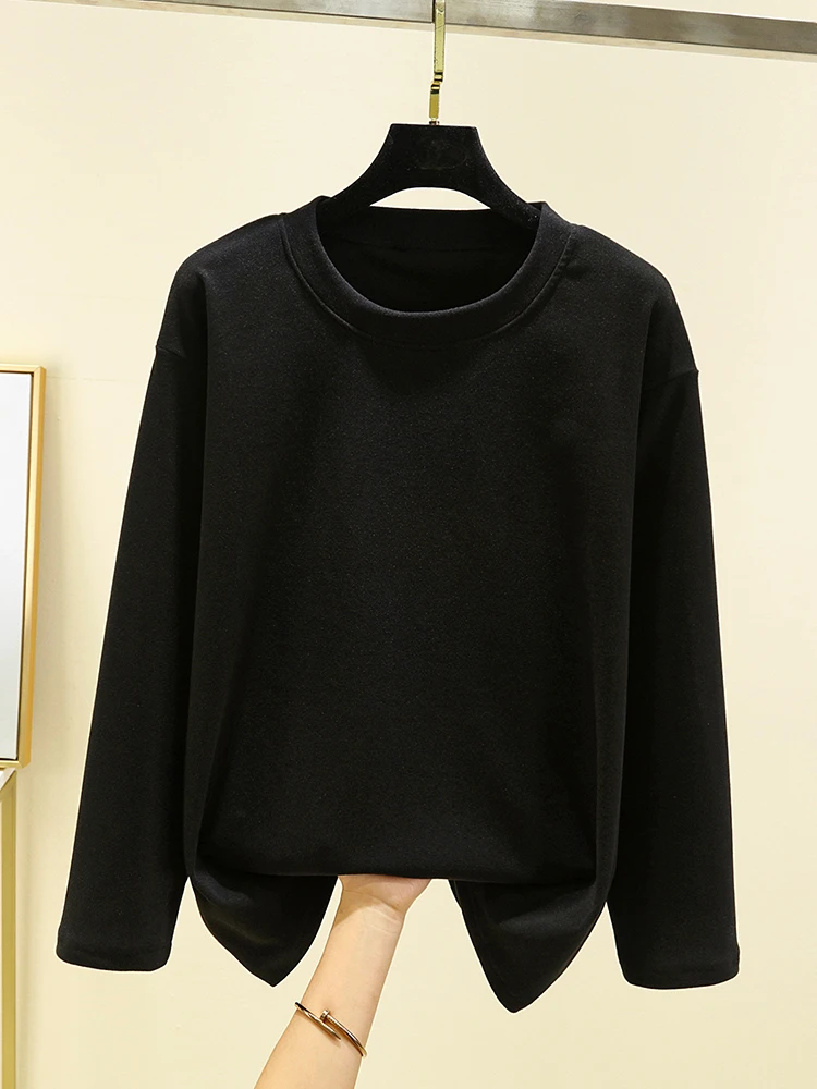 Thiened Fce طويل Sve تي شيرت المرأة الشتاء عادية الجولة Ne البلوز لون نقي فضفاض صالح حجم كبير ملابس داخلية #4