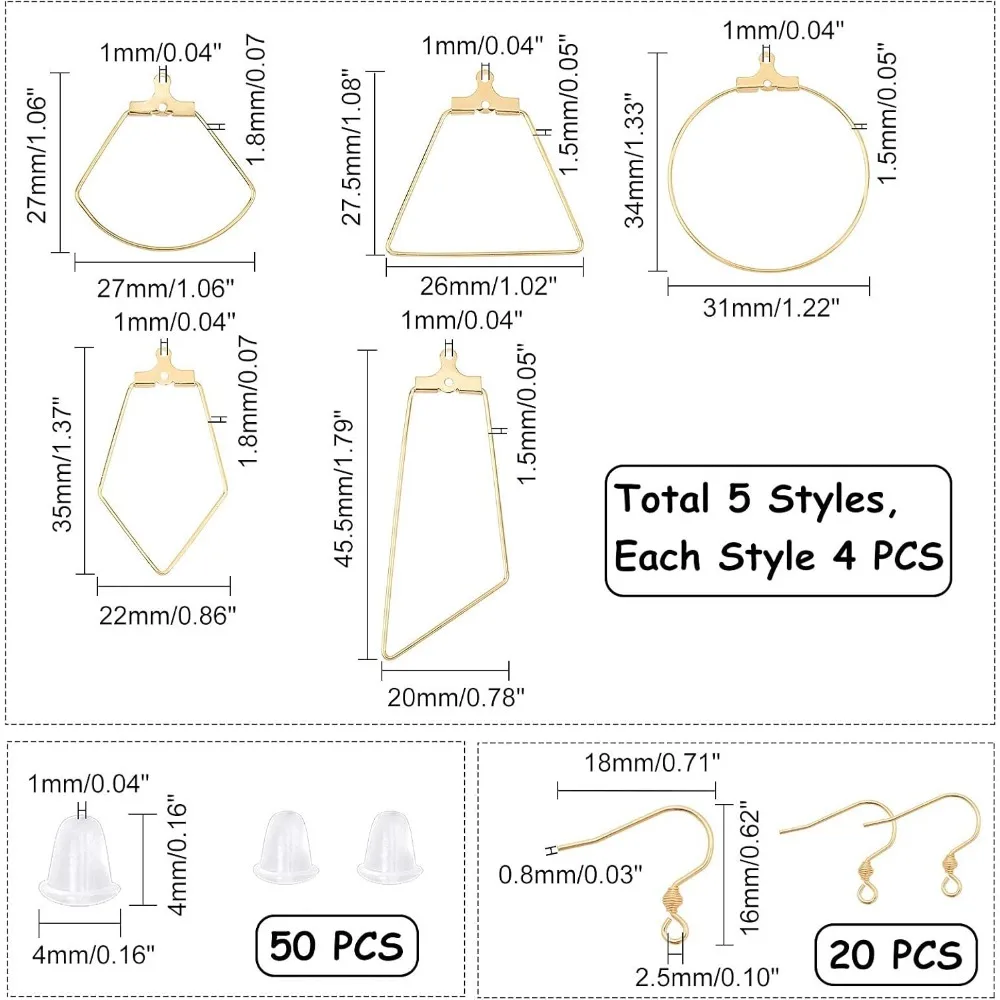 20 piezas, 5 tipos de pendientes de aro huecos hipoalergénicos dorados, 20 piezas, ganchos para pendientes de acero inoxidable con colgantes de alambre y 50 piezas de plástico