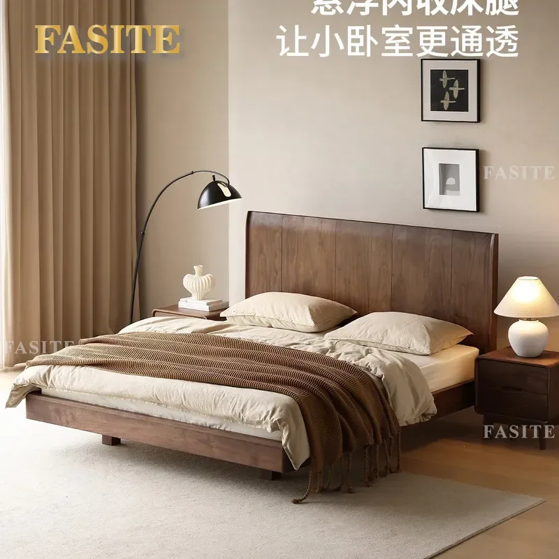 For 1.5m 1.8m North American Black Walnut Solid Wood Suspension Bed Frame Antique Style Double Bed for Master Bedroom Small