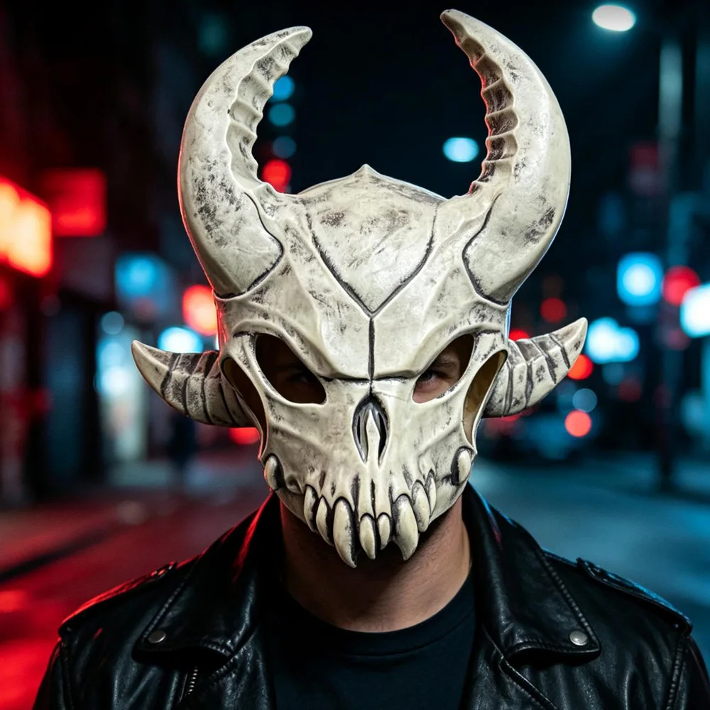 Demon Horns Skull Full Head Mask Cosplay Vintage Devil Ox Horn Latex Masks Halloween Carnival Dress Up Party Costumes Props