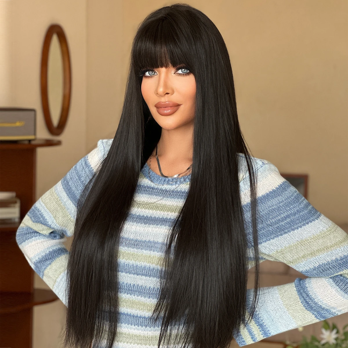 7JHH WIGS Long Straight Black Wig for Women Synthetic Heat-Resistant Modest Fashion Wear and Go Black Wigs with Neat Bangs - view 3