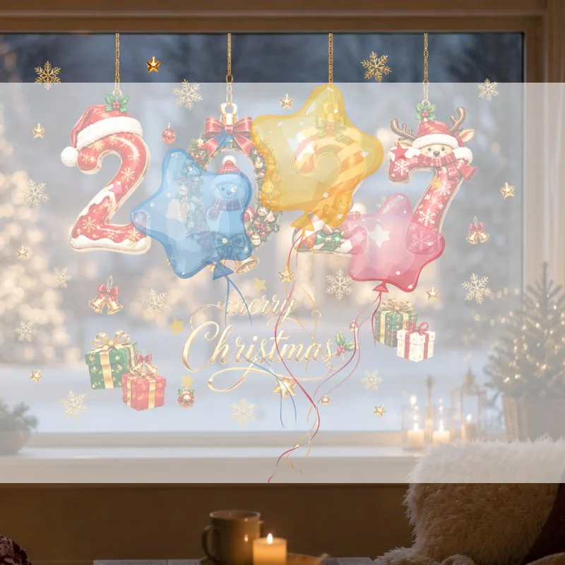 2027 New Year Christmas Static Cling Window Stickers Gingerbread Number Decals Bell Snowflake PVC Cling Glass Decoration
