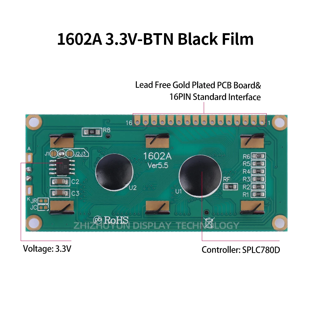 Dot Matrix Módulo de Tela LCD, Character Dot, BTN Filme Preto, Texto Branco, 3.3V, SPLC780D, Spot Goods, 1602A