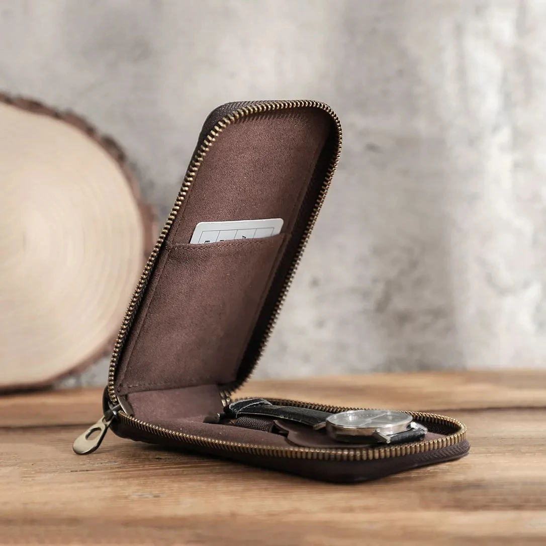 Genuine Leather Vintage Handmade Watch Pouch Travel Portable Leather Organizer with Card Slot Zipper Case