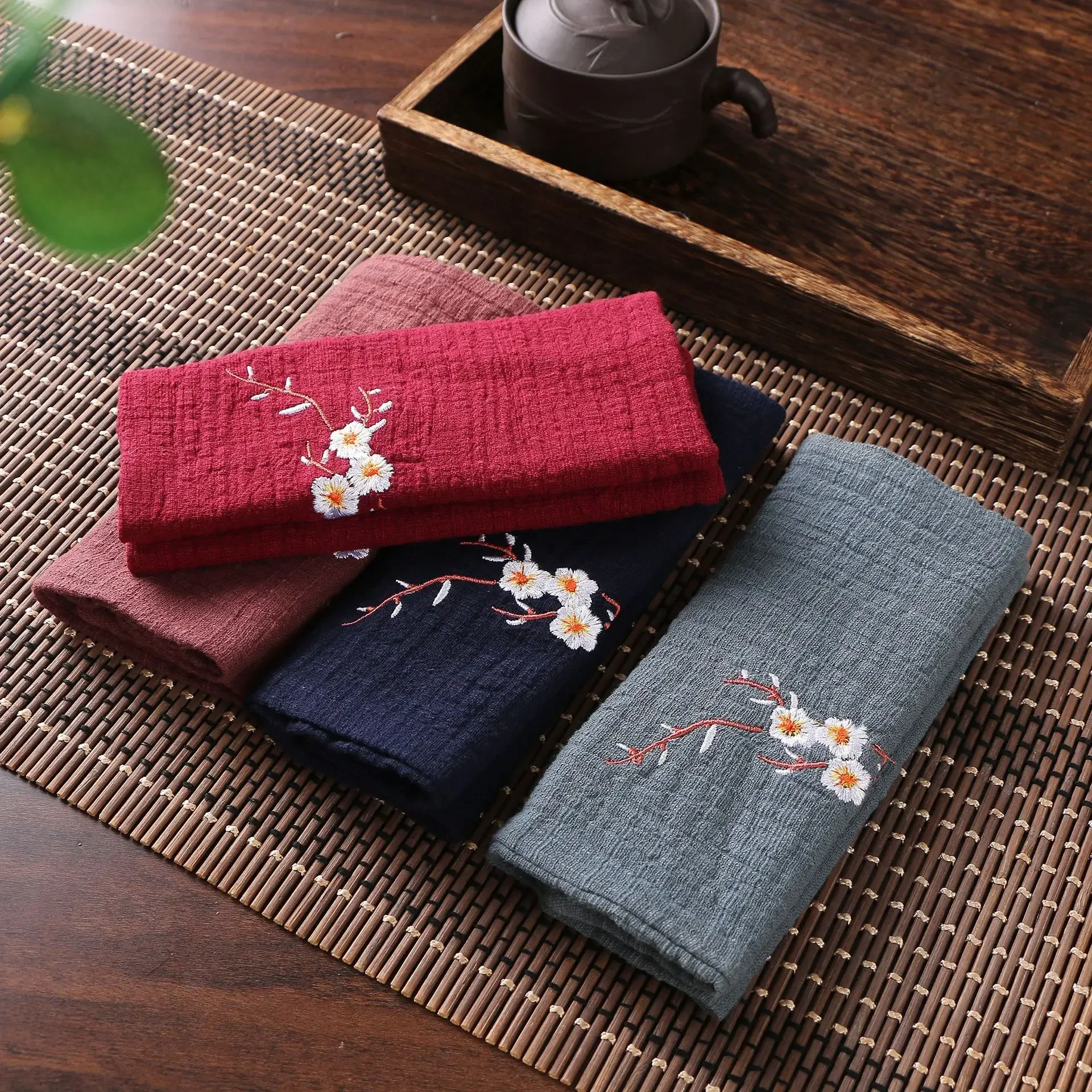 Toalla de té de lino de algodón de estilo chino Zen, paño grueso absorbente, bordado de flores, accesorios de posavasos de té