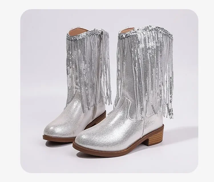 Glitzernde Silber-Gold Fransen Western Cowboystiefel für Teenager-Mädchen, Niedriger Absatz Seitlicher Reißverschluss Retro Konzert Bühnen-Outfit Party Modestiefel – Detail 4