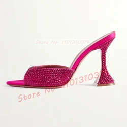 Rhinestones Square Toe Satin Slippers Women Elegant Wine-glass High Heels Shoes Ladies Luxury Spakling Evening Stiletto Mules