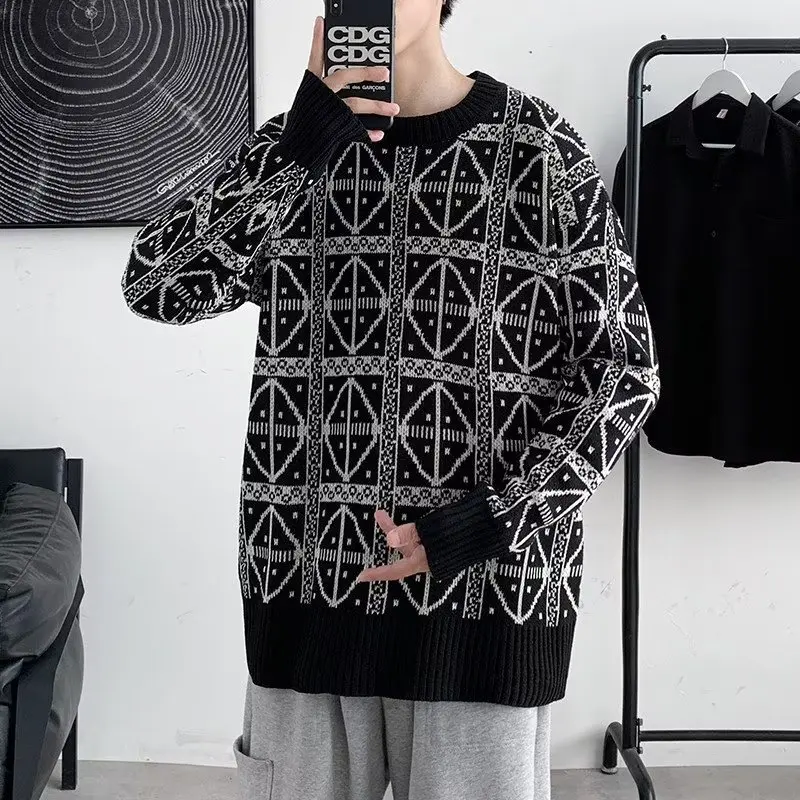 Moda marka projekt uczucie wokół szyi sweter męska jesień i zima główna ulica leniwy Trend luźny sweter sweter żakardowy