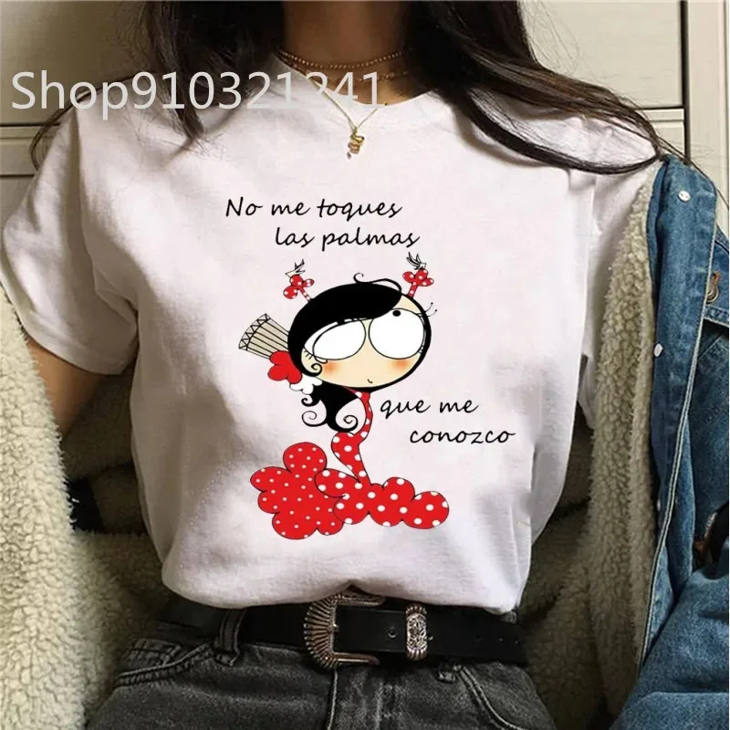 Cotton Women's T-Shirt Harajuku Top Shirt Short Sleeve High Heels Printed Flamenco Dance T-Shirt Cartoon Graphic Women