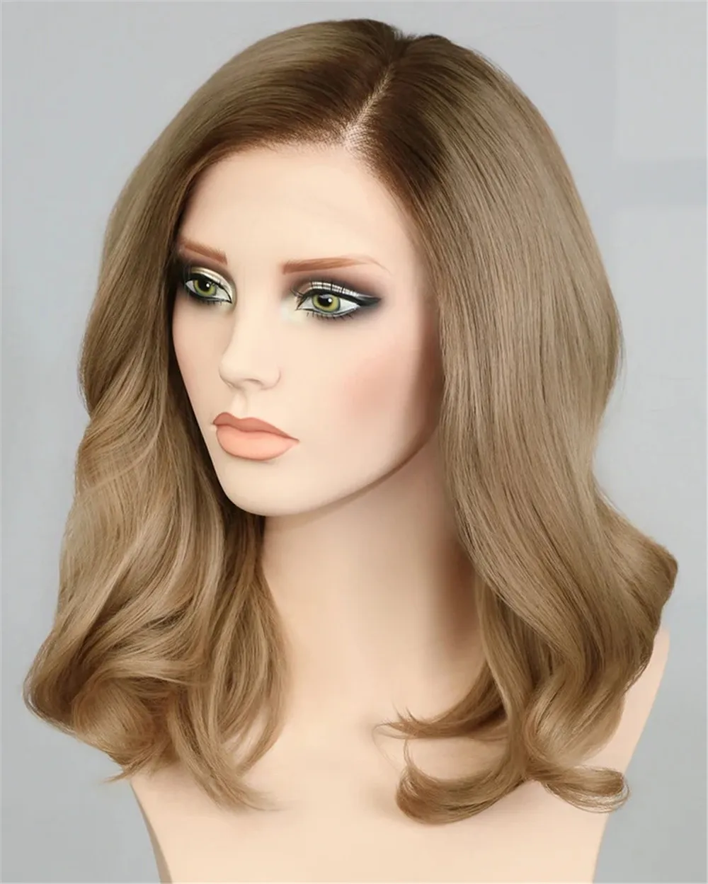 Shoulder Slightly Wave Glueless Wigs Synthetic Hair Light Brown 13*4 Lace Frontal Wig With Dark Roots Free Part Natural Hairline