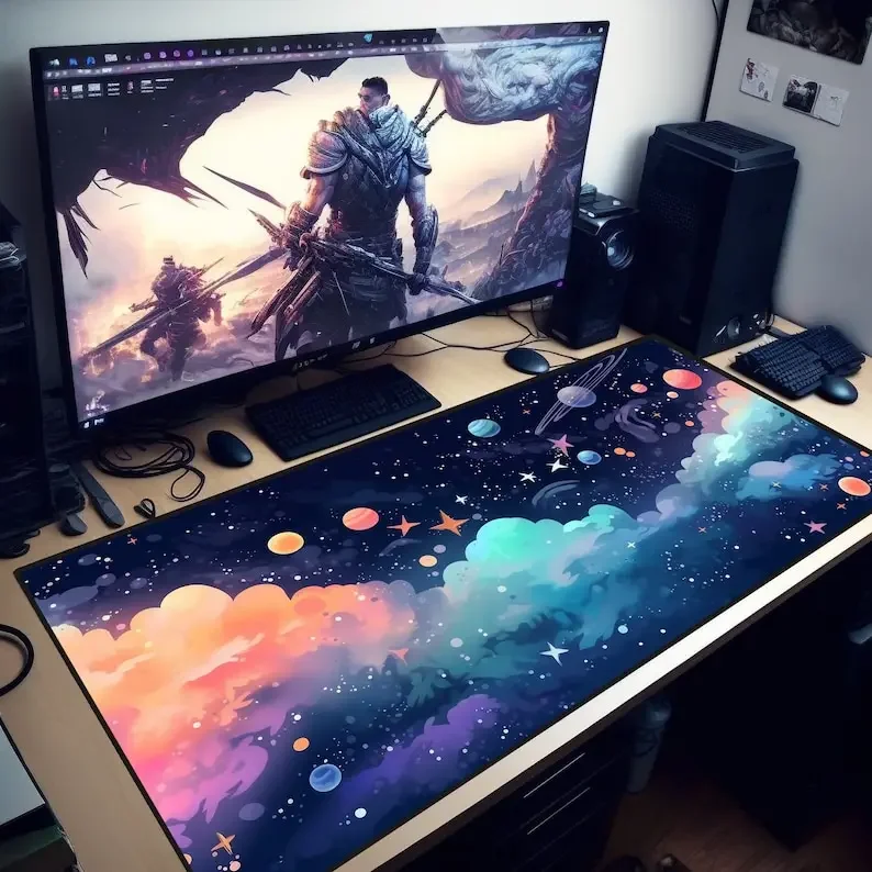 Mouse Pad Cute Colorful Stars and Planets Anime-Inspired Cosmos Desk Mat Xxl Mousepad Large Galaxy Gamer Computer Office Rug